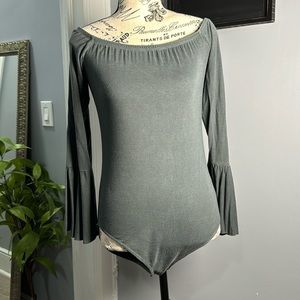 American Eagle Denim Blue/Teal Flare Bell Arm Scoop Neck Stretchy Bodysuit L